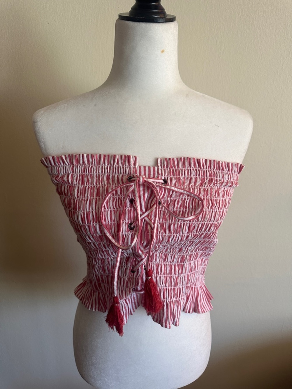American Eagle Outfitters Pink Smocked Strapless Tassel Tie Crop Top